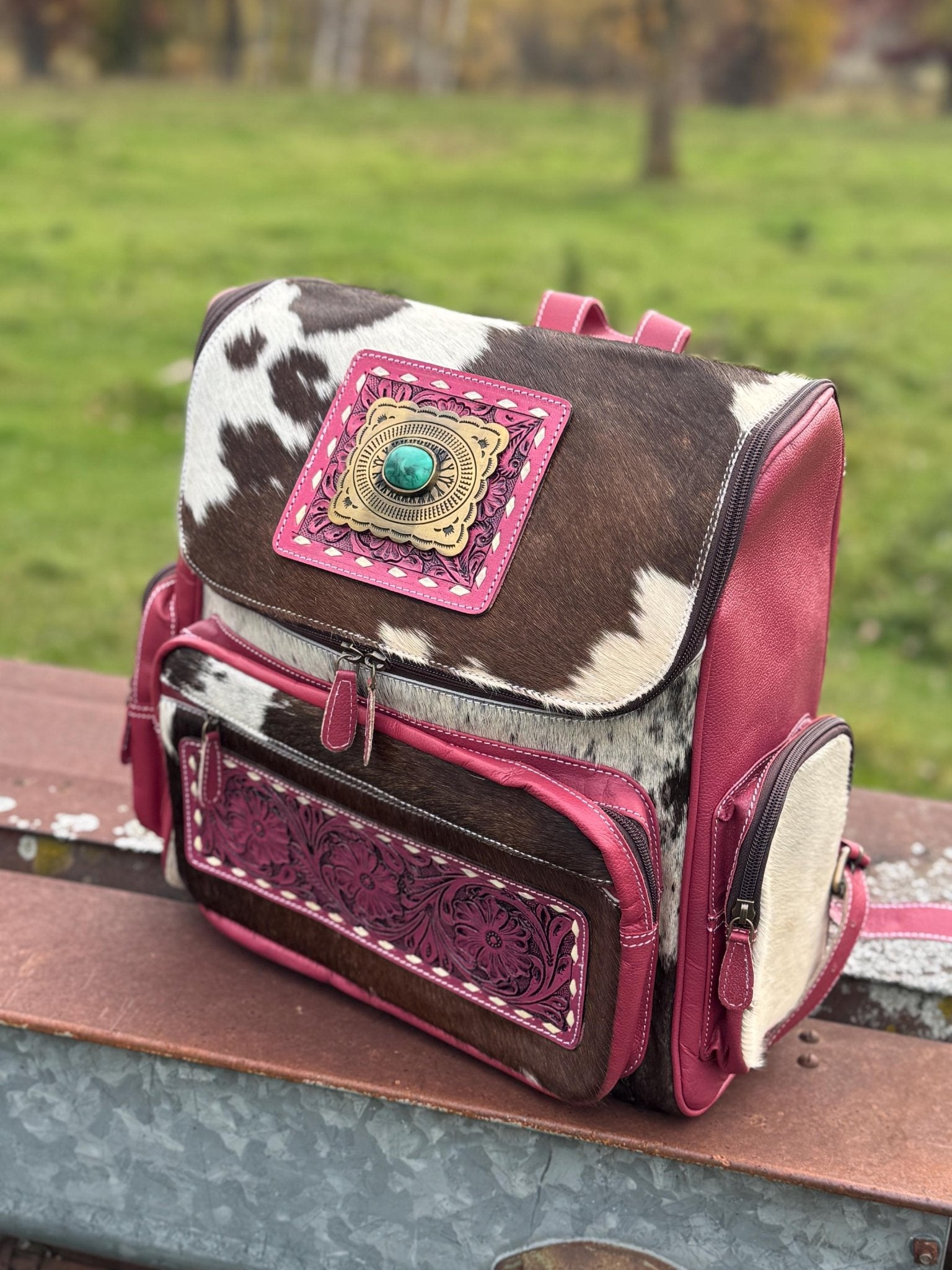 Pink or Turquoise Genuine Western Cowhide Leather Backpack Diaper Bag Personal Item carry-on luggage by Double B Wild Rags - Rooted & Reckless Co.