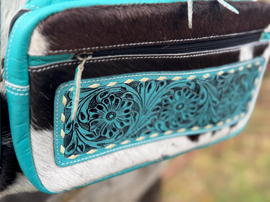 Pink or Turquoise Genuine Western Cowhide Leather Backpack Diaper Bag Personal Item carry-on luggage by Double B Wild Rags - Rooted & Reckless Co.