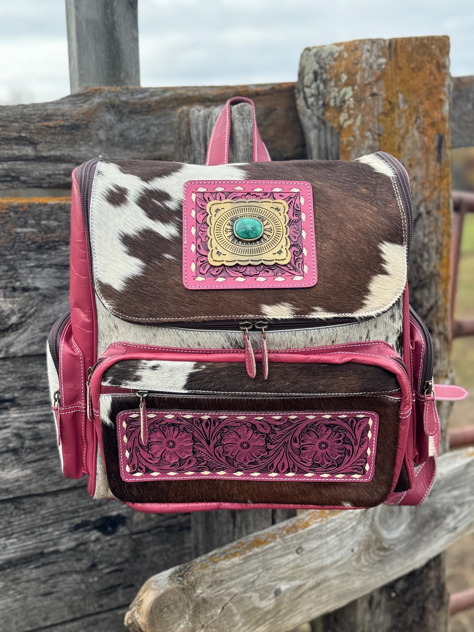 Pink or Turquoise Genuine Western Cowhide Leather Backpack Diaper Bag Personal Item carry-on luggage by Double B Wild Rags - Rooted & Reckless Co.