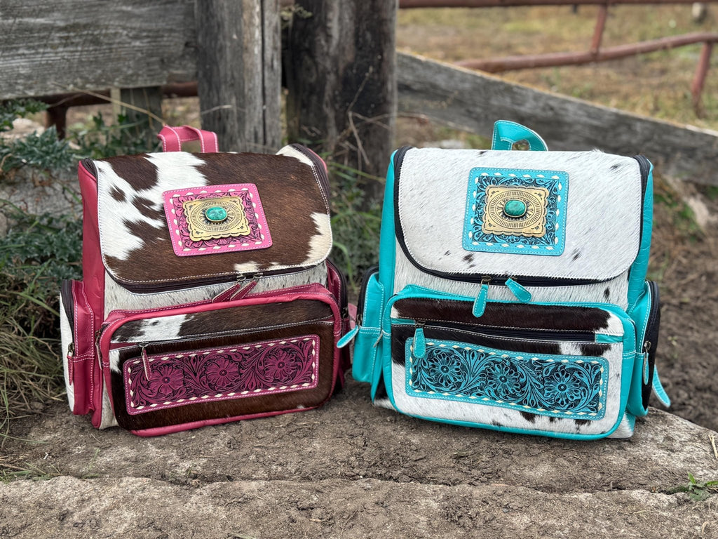 Pink or Turquoise Genuine Western Cowhide Leather Backpack Diaper Bag Personal Item carry-on luggage by Double B Wild Rags - Rooted & Reckless Co.