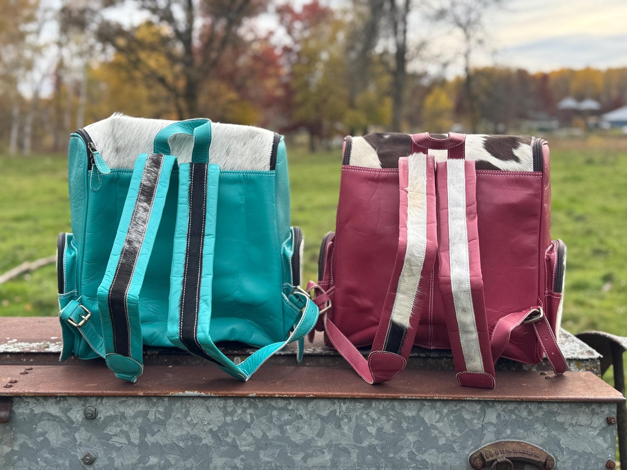 Pink or Turquoise Genuine Western Cowhide Leather Backpack Diaper Bag Personal Item carry-on luggage by Double B Wild Rags - Rooted & Reckless Co.