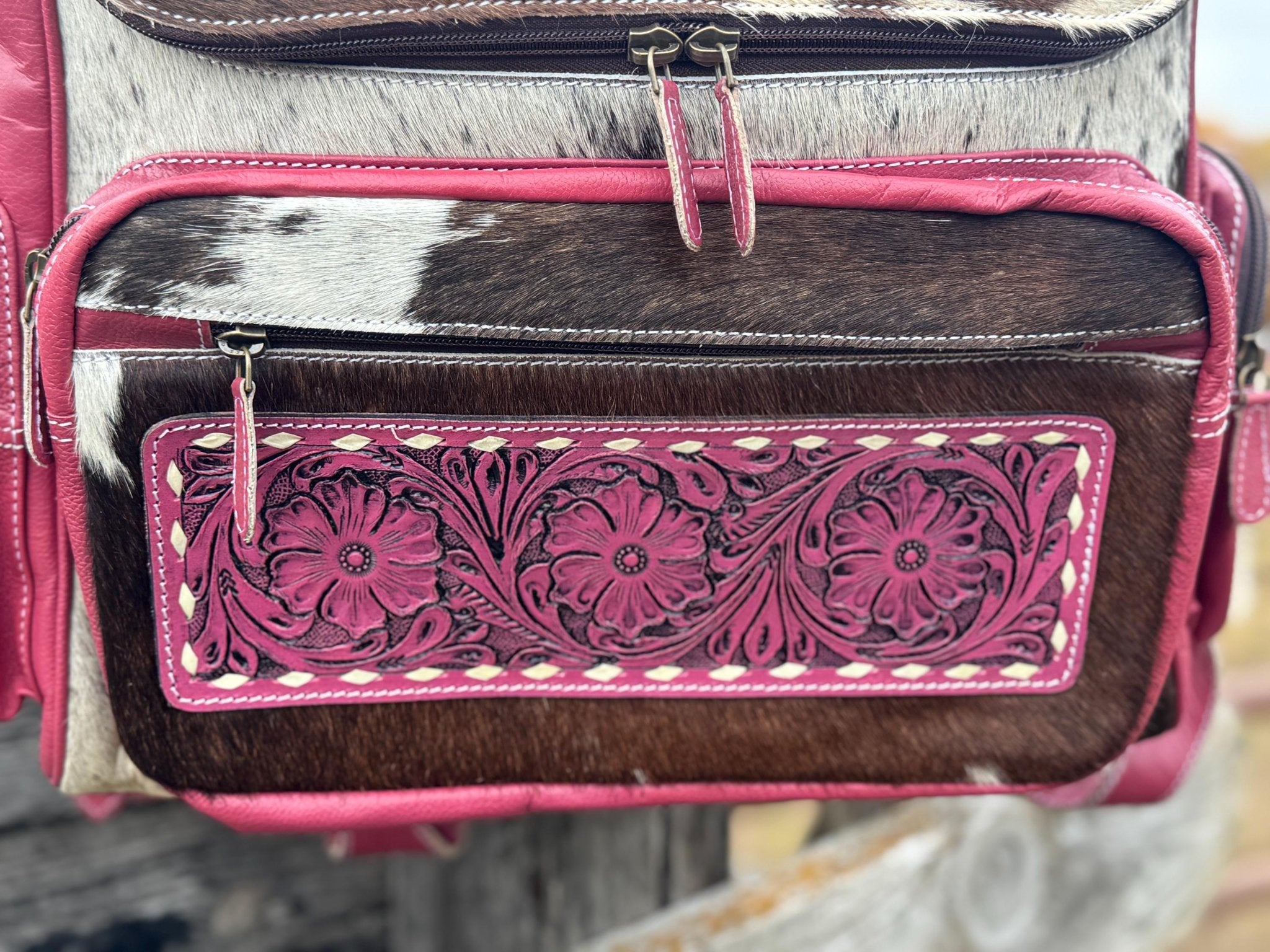 Pink or Turquoise Genuine Western Cowhide Leather Backpack Diaper Bag Personal Item carry-on luggage by Double B Wild Rags - Rooted & Reckless Co.