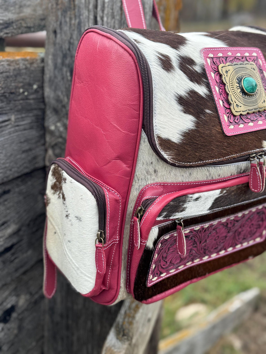 Pink or Turquoise Genuine Western Cowhide Leather Backpack Diaper Bag Personal Item carry-on luggage by Double B Wild Rags - Rooted & Reckless Co.