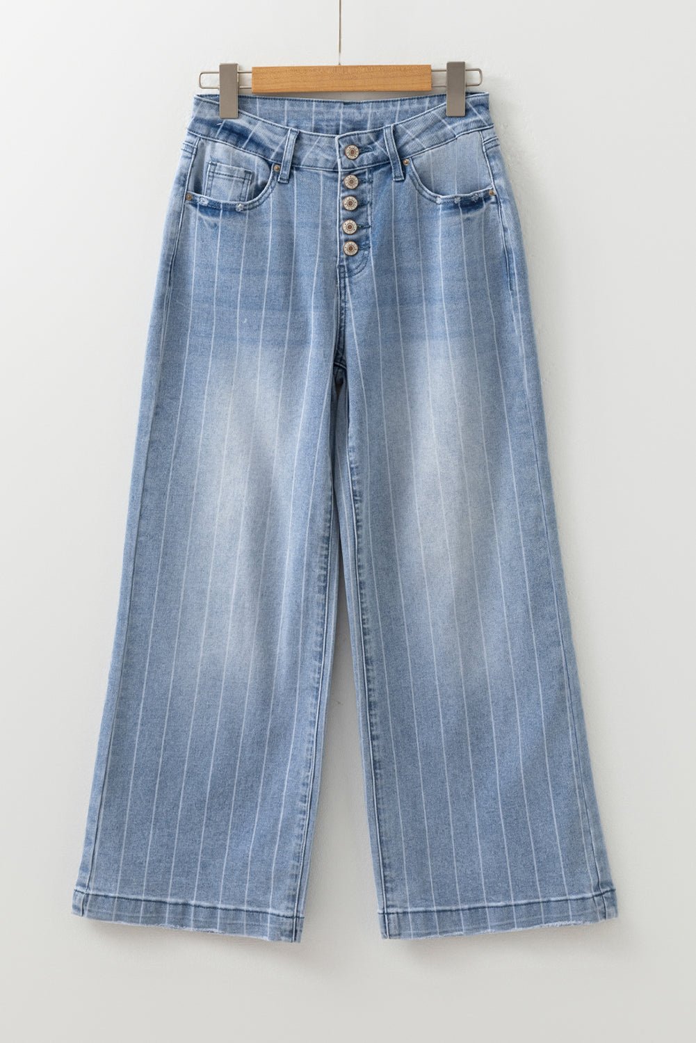 Pinstripe Denim Buttoned Wide Leg Jeans - Rooted & Reckless Co.
