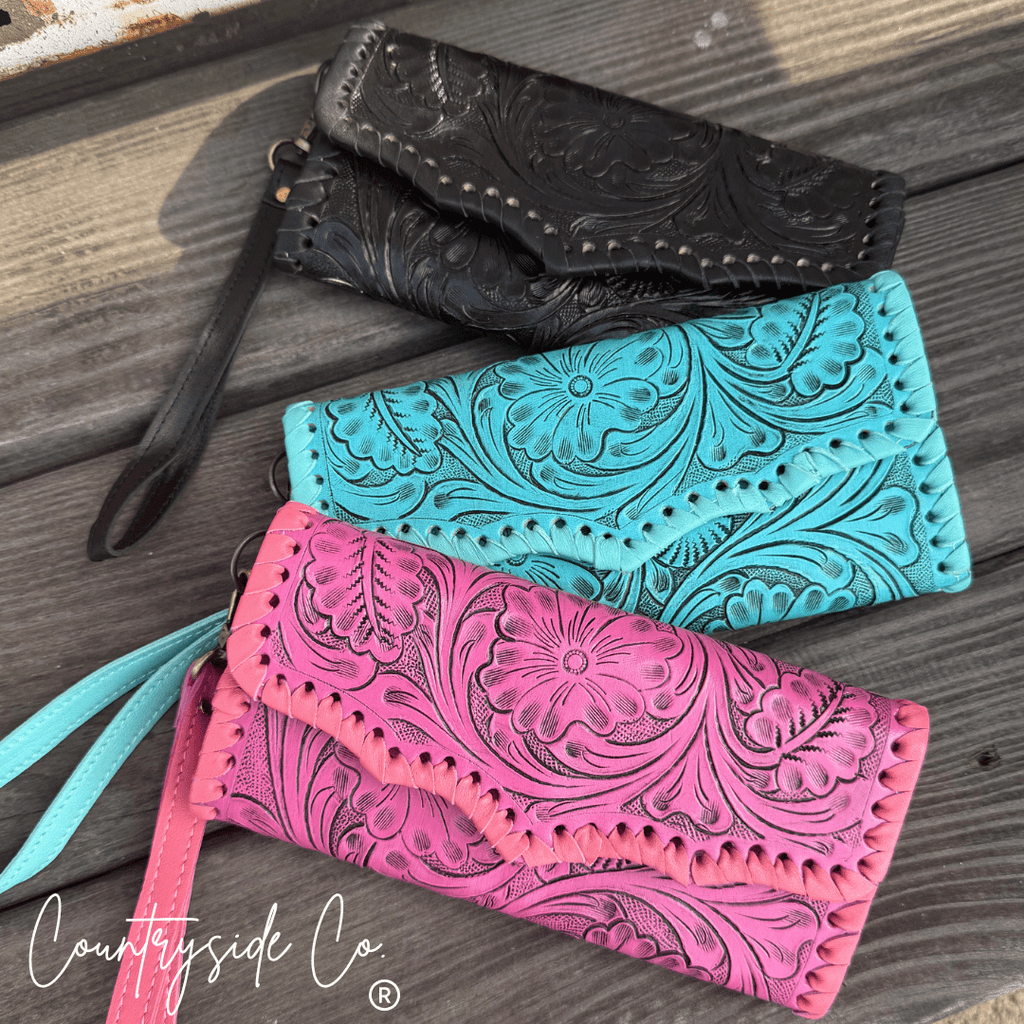 Piper Tooled Leather Wallet Wristlet - Rooted & Reckless Co.