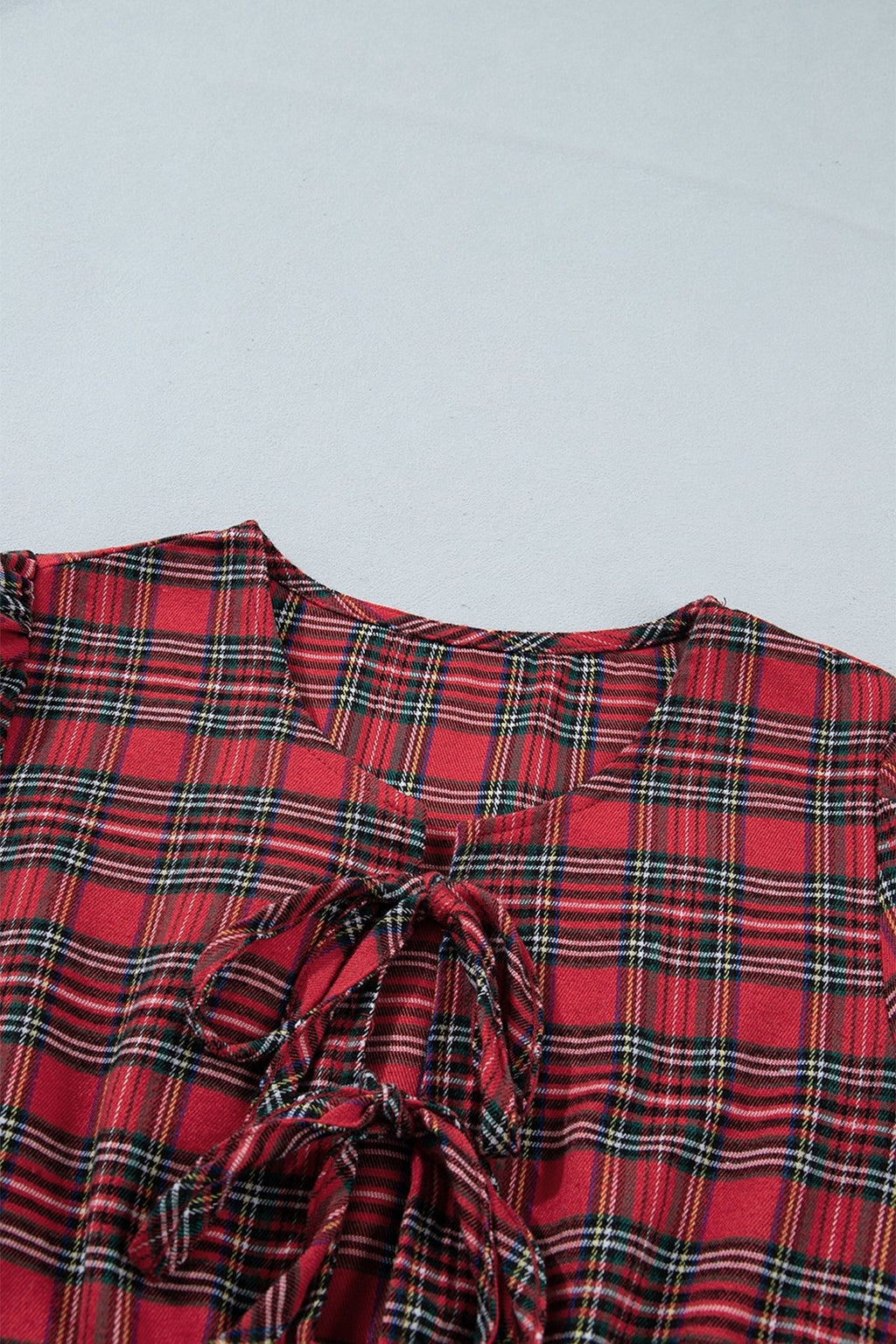 Plaid Bow Tie Front Puff Long Sleeve Dress - Rooted & Reckless Co.