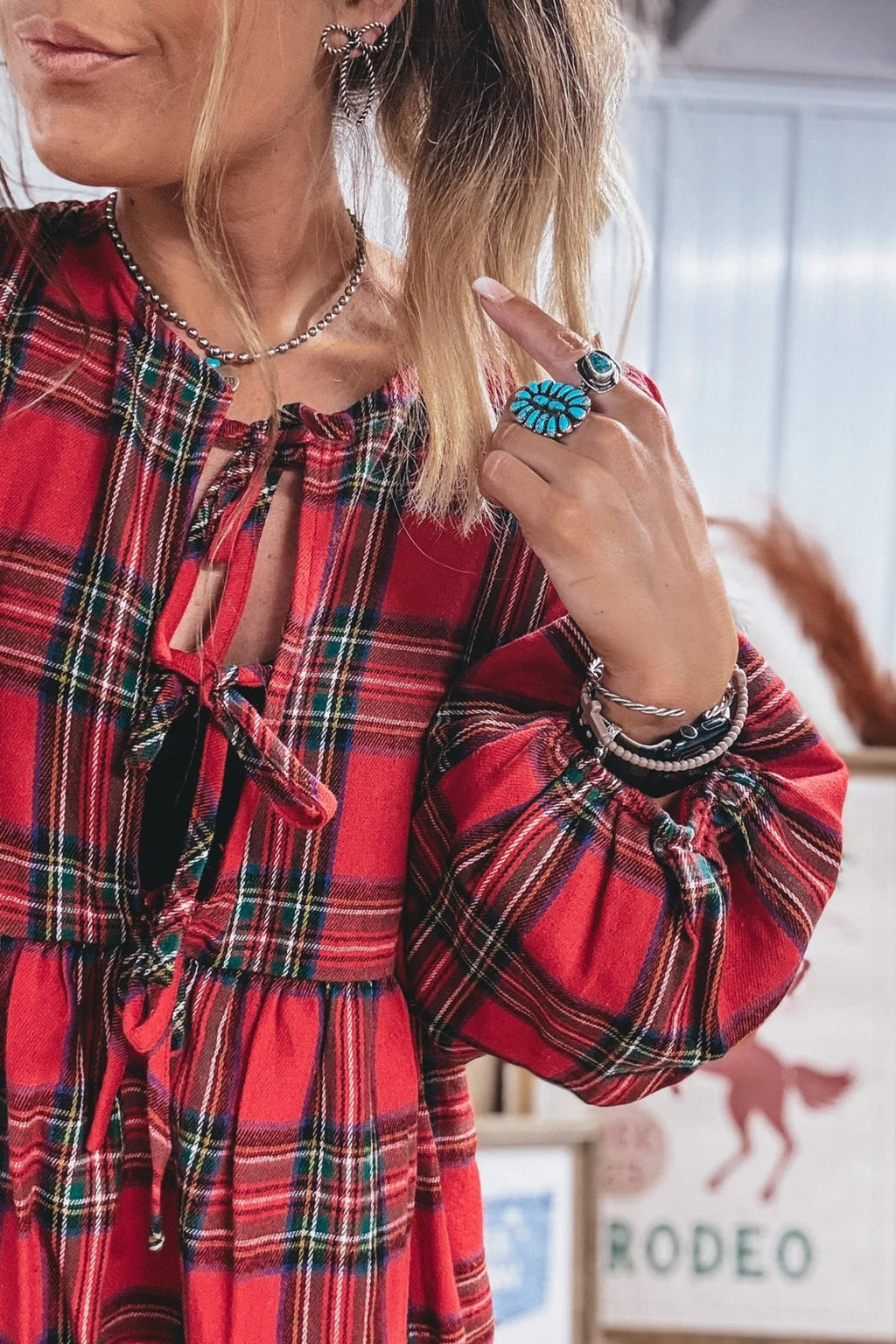 Plaid Bow Tie Front Puff Long Sleeve Dress - Rooted & Reckless Co.