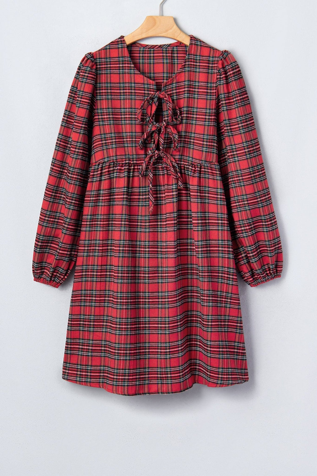 Plaid Bow Tie Front Puff Long Sleeve Dress - Rooted & Reckless Co.
