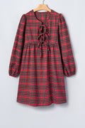 Plaid Bow Tie Front Puff Long Sleeve Dress - Rooted & Reckless Co.