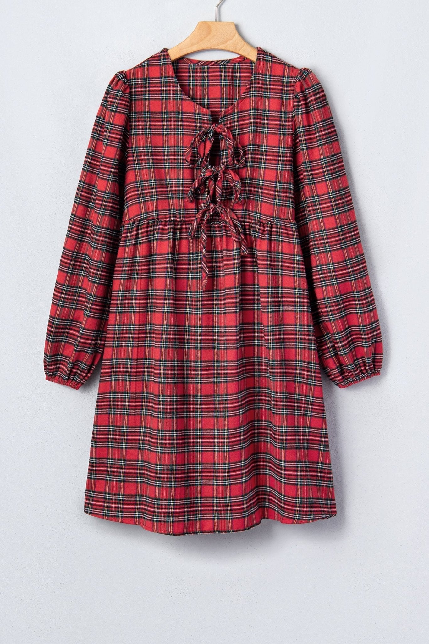 Plaid Bow Tie Front Puff Long Sleeve Dress - Rooted & Reckless Co.