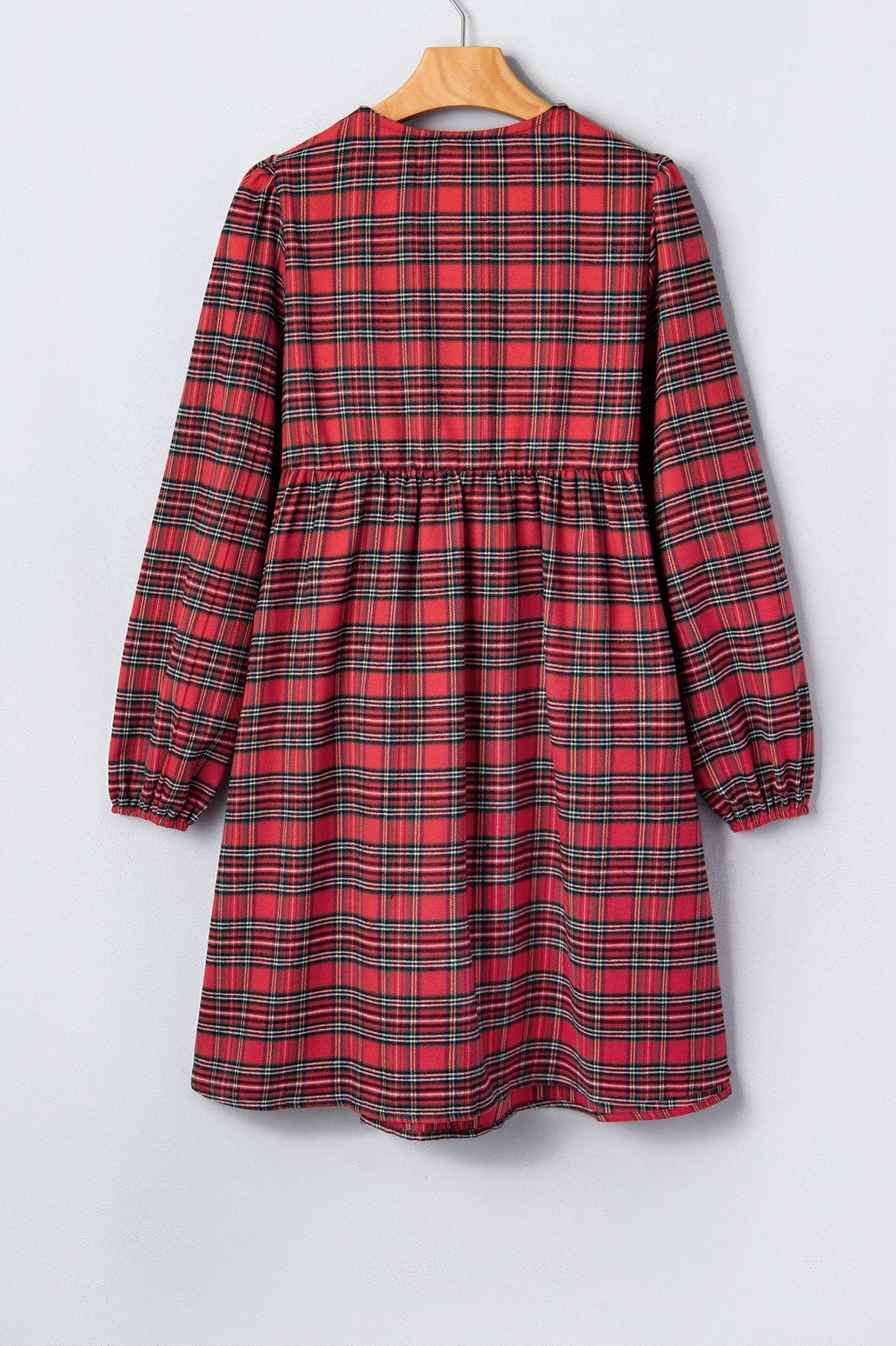 Plaid Bow Tie Front Puff Long Sleeve Dress - Rooted & Reckless Co.