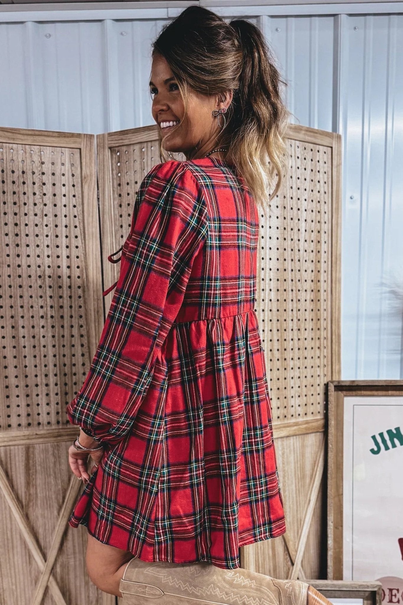 Plaid Bow Tie Front Puff Long Sleeve Dress - Rooted & Reckless Co.