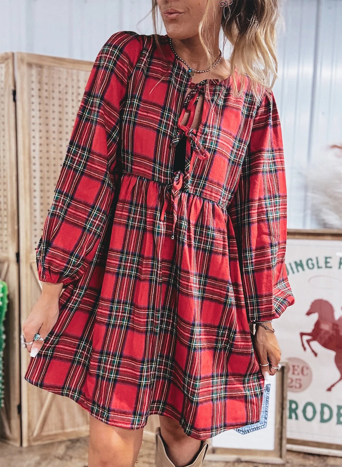 Plaid Bow Tie Front Puff Long Sleeve Dress - Rooted & Reckless Co.