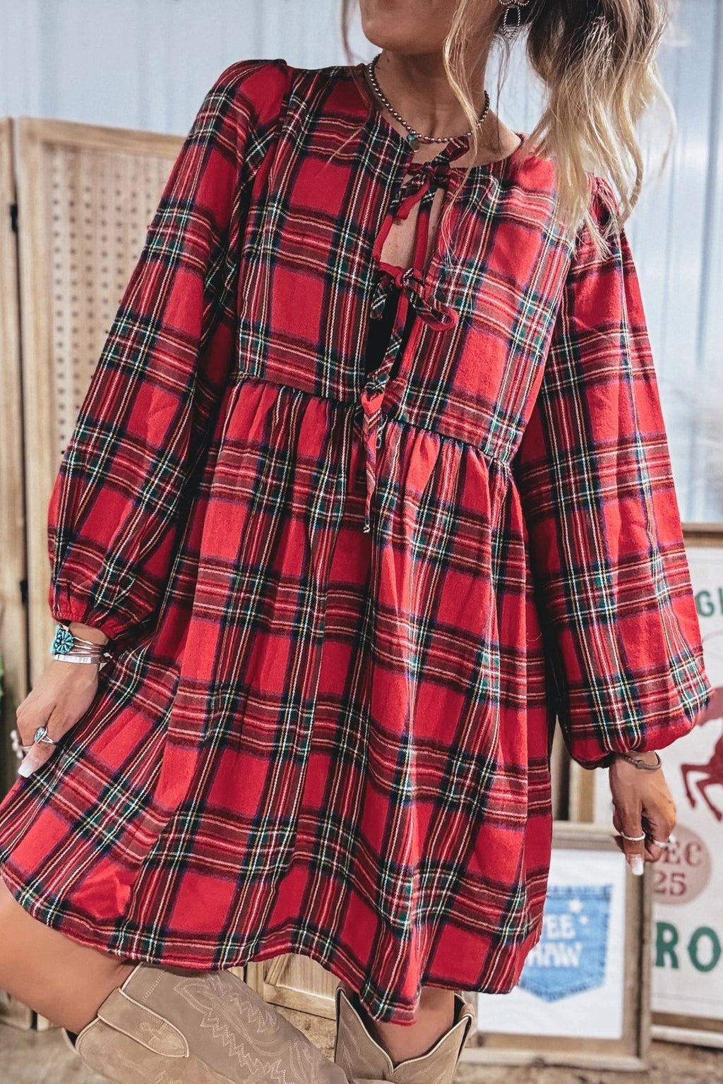 Plaid Bow Tie Front Puff Long Sleeve Dress - Rooted & Reckless Co.