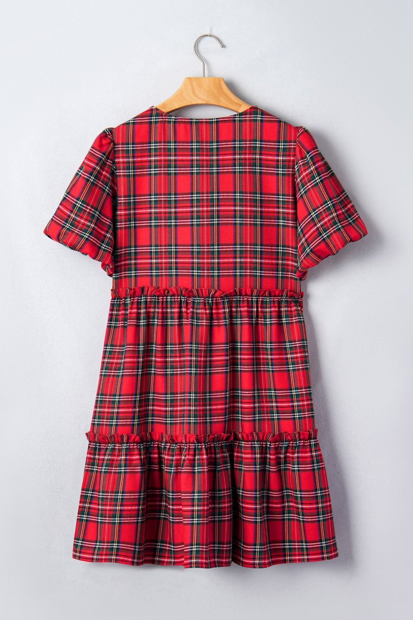Plaid Bow Tie Neck Short Sleeve Ruffle Mini Dress - Rooted & Reckless Co.