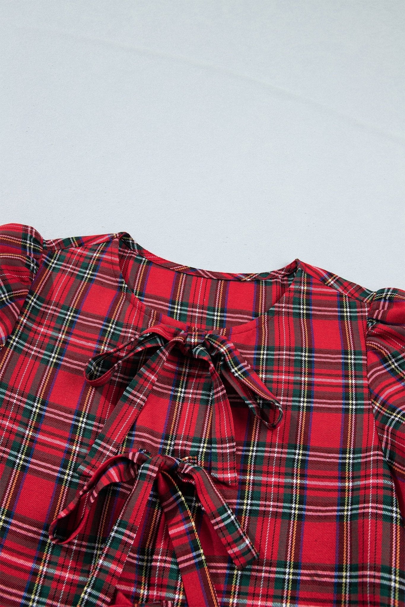 Plaid Bow Tie Neck Short Sleeve Ruffle Mini Dress - Rooted & Reckless Co.