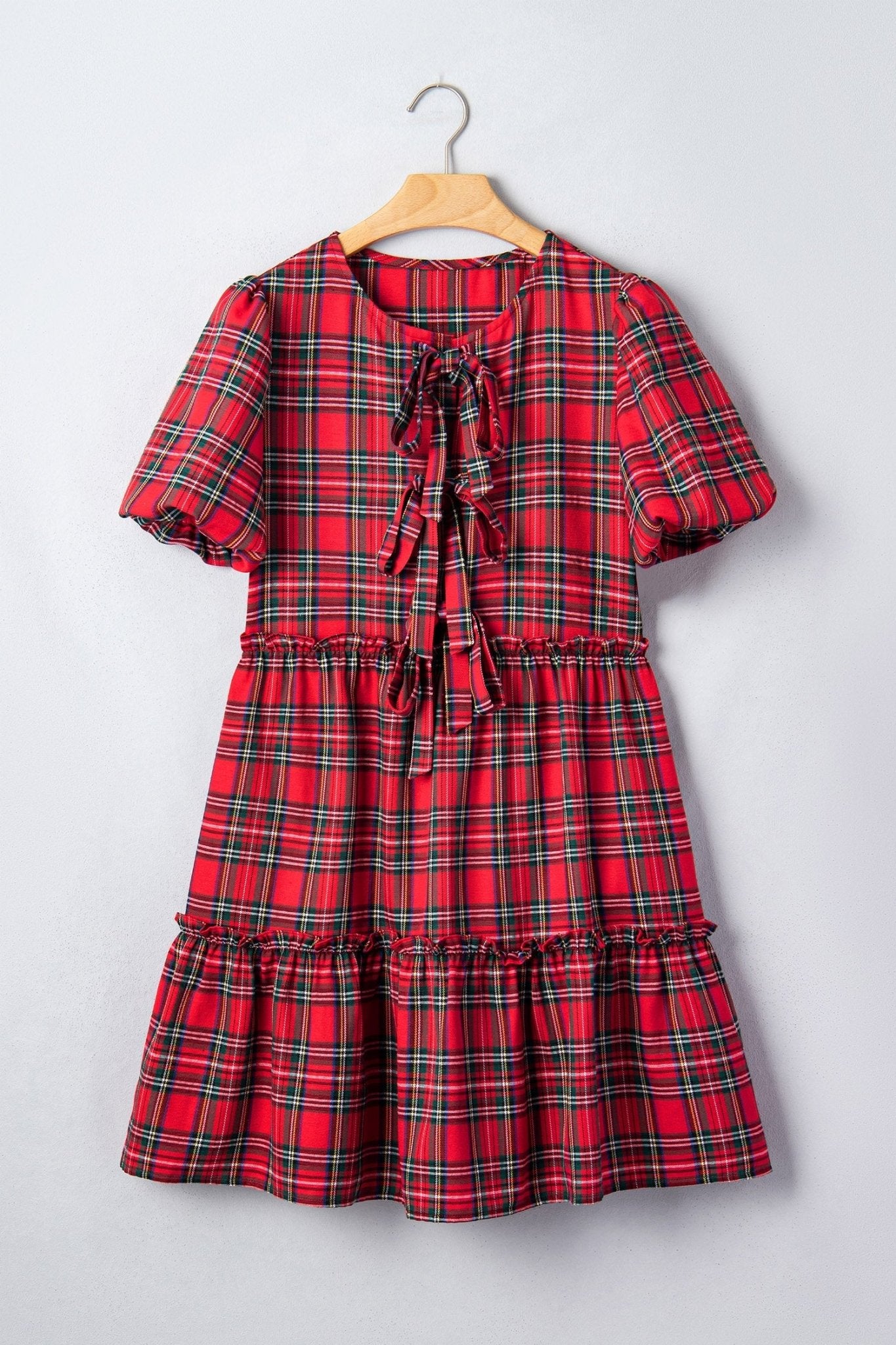 Plaid Bow Tie Neck Short Sleeve Ruffle Mini Dress - Rooted & Reckless Co.