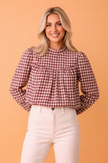 Plaid Button Keyhole Pleated Long Sleeve Blouse - Rooted & Reckless Co.