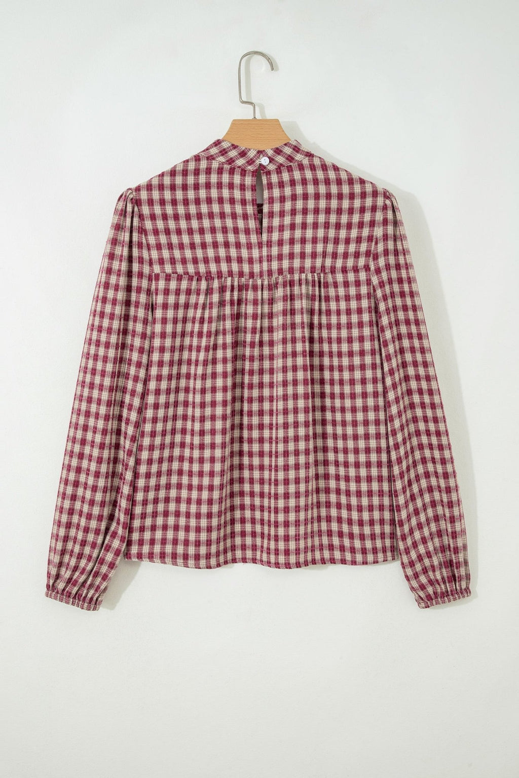 Plaid Button Keyhole Pleated Long Sleeve Blouse - Rooted & Reckless Co.