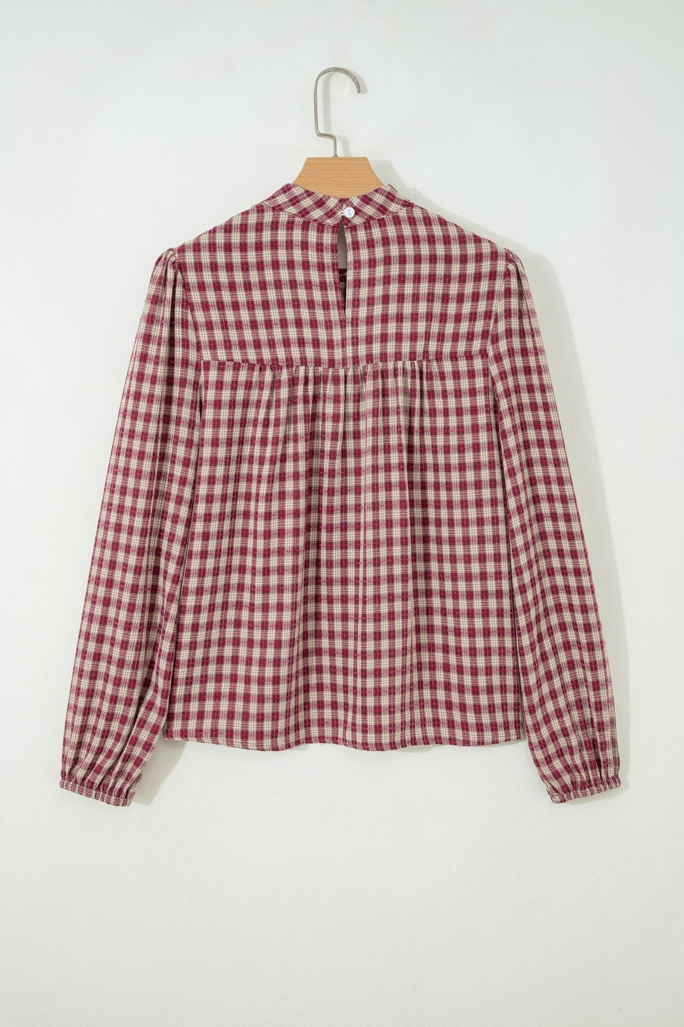 Plaid Button Keyhole Pleated Long Sleeve Blouse - Rooted & Reckless Co.