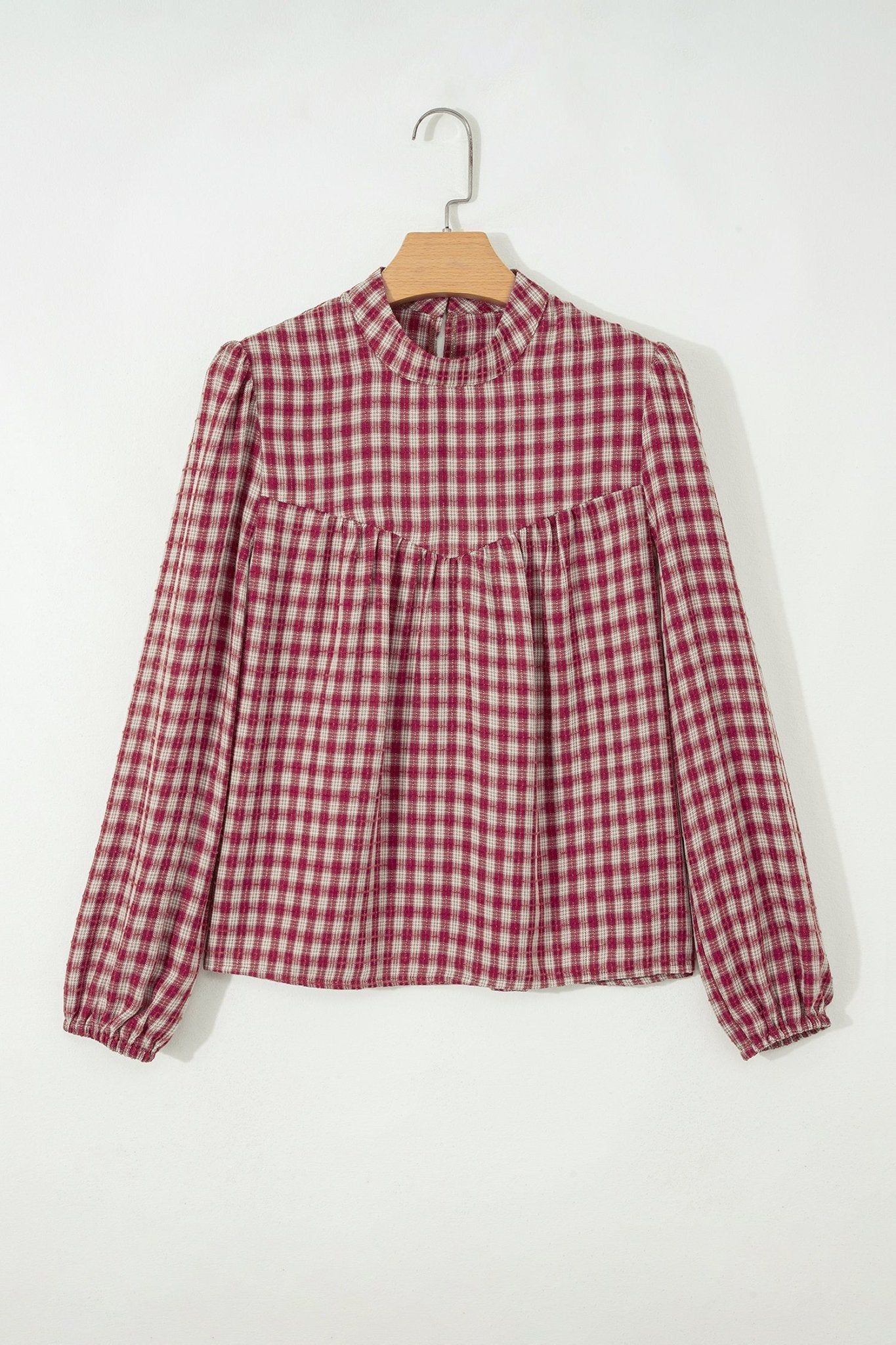 Plaid Button Keyhole Pleated Long Sleeve Blouse - Rooted & Reckless Co.