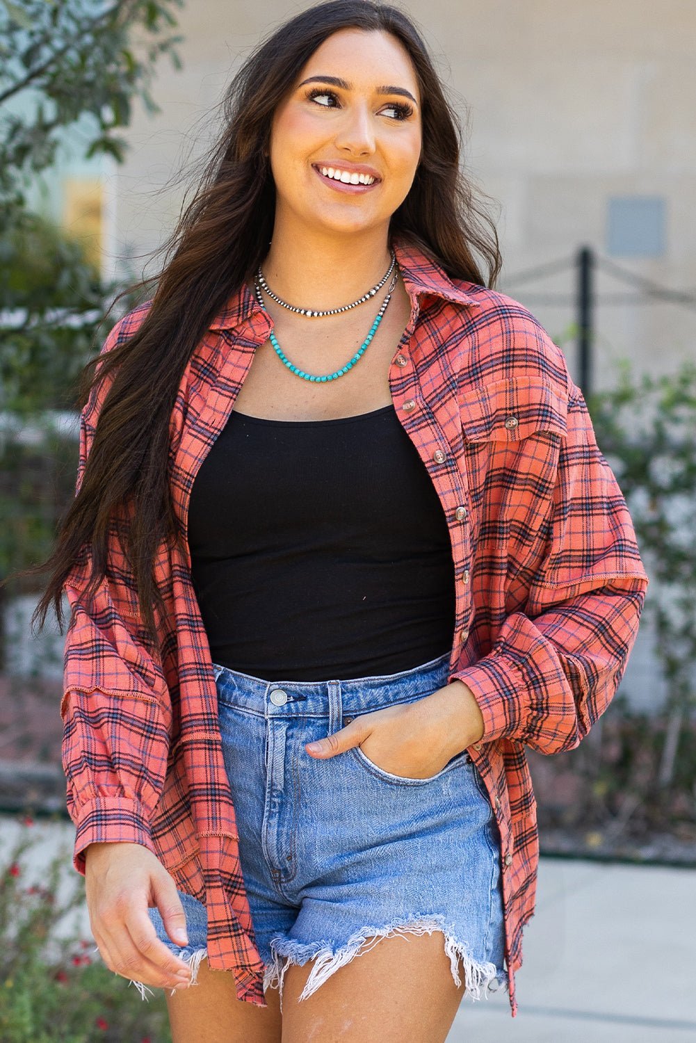 Plaid Button-Up Distressed Hem Long Sleeve Shirt - Rooted & Reckless Co.