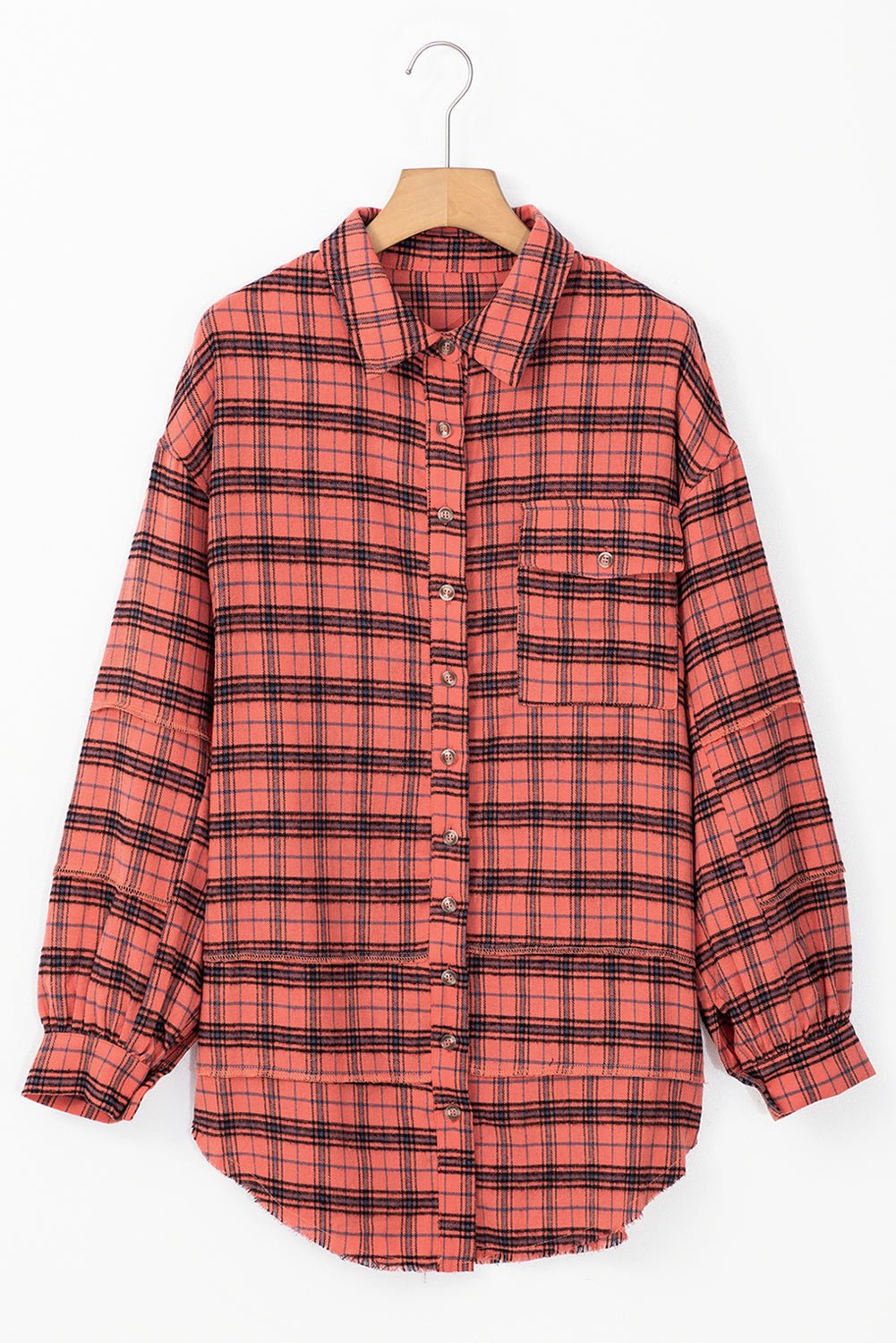 Plaid Button-Up Distressed Hem Long Sleeve Shirt - Rooted & Reckless Co.