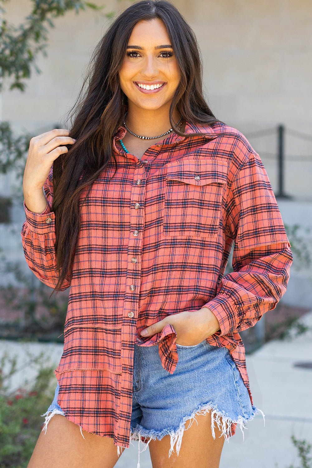 Plaid Button-Up Distressed Hem Long Sleeve Shirt - Rooted & Reckless Co.