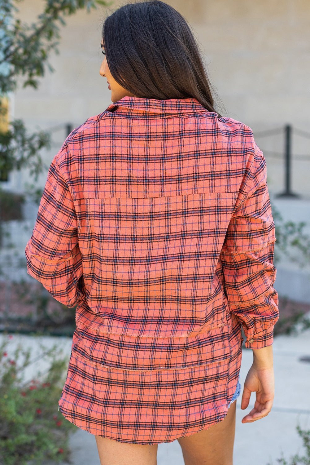 Plaid Button-Up Distressed Hem Long Sleeve Shirt - Rooted & Reckless Co.