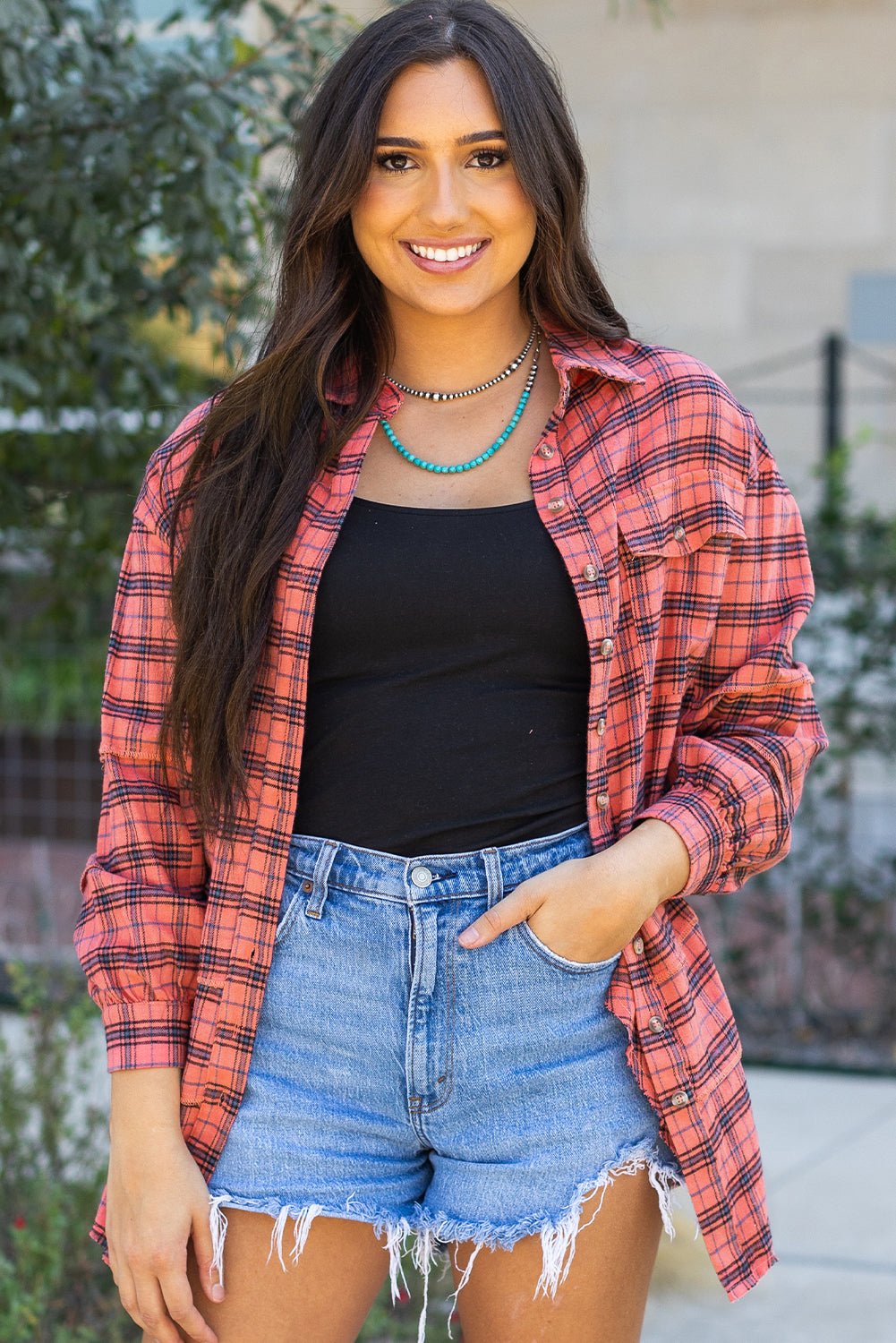 Plaid Button-Up Distressed Hem Long Sleeve Shirt - Rooted & Reckless Co.