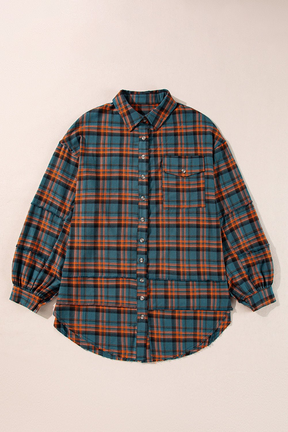 Plaid Button-Up Distressed Hem Long Sleeve Shirt - Rooted & Reckless Co.