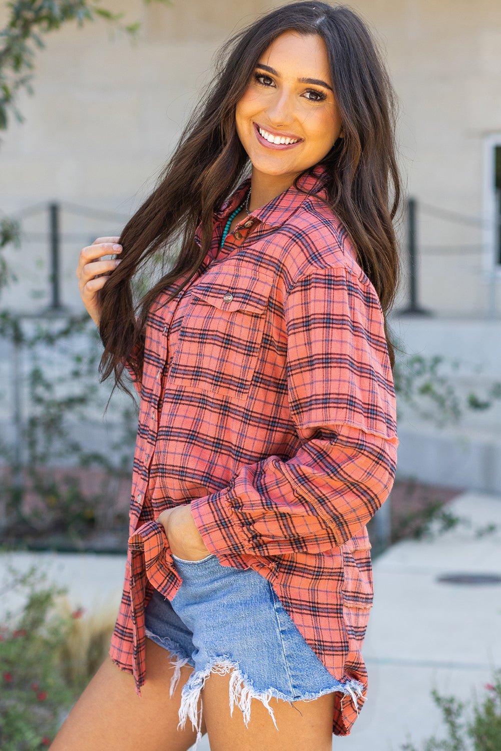 Plaid Button-Up Distressed Hem Long Sleeve Shirt - Rooted & Reckless Co.