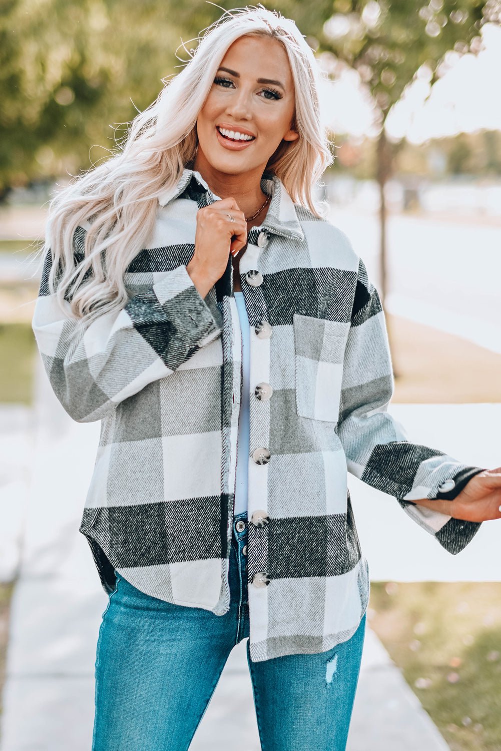 Plaid Button-Up Long Sleeve Pocketed Shacket - Rooted & Reckless Co.