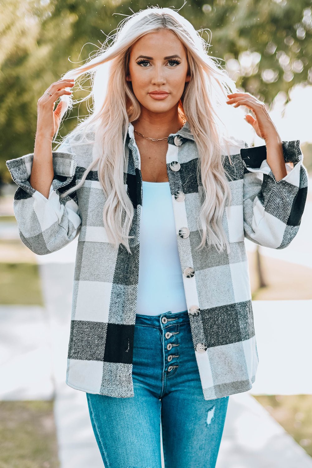Plaid Button-Up Long Sleeve Pocketed Shacket - Rooted & Reckless Co.