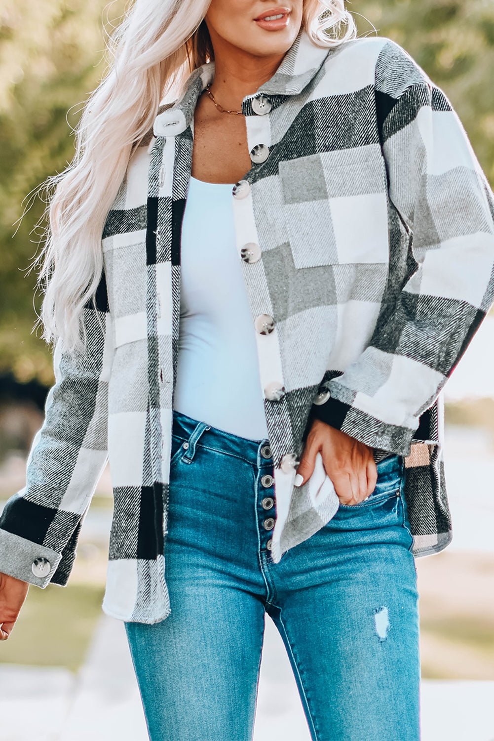 Plaid Button-Up Long Sleeve Pocketed Shacket - Rooted & Reckless Co.