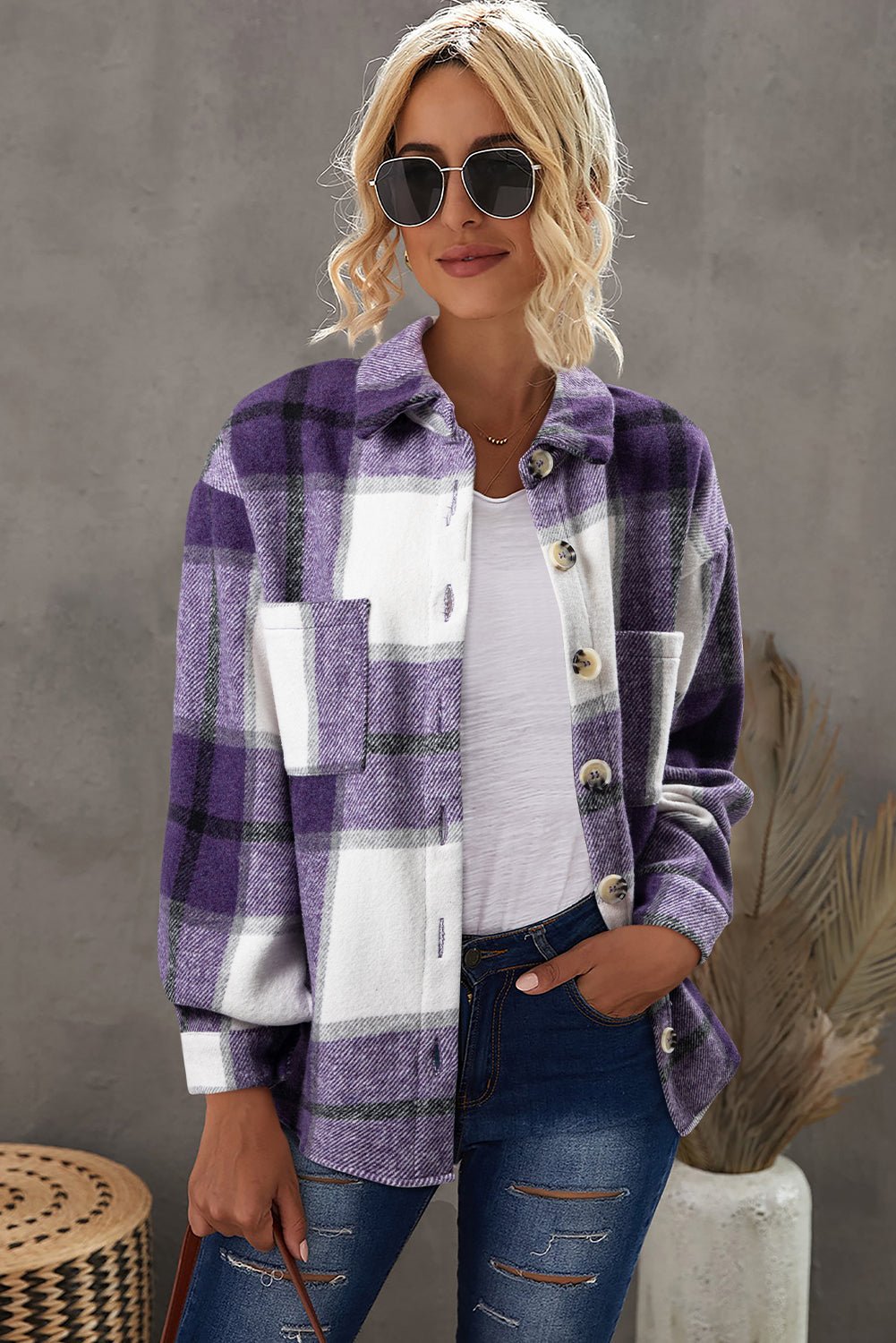 Plaid Button-Up Long Sleeve Pocketed Shacket - Rooted & Reckless Co.