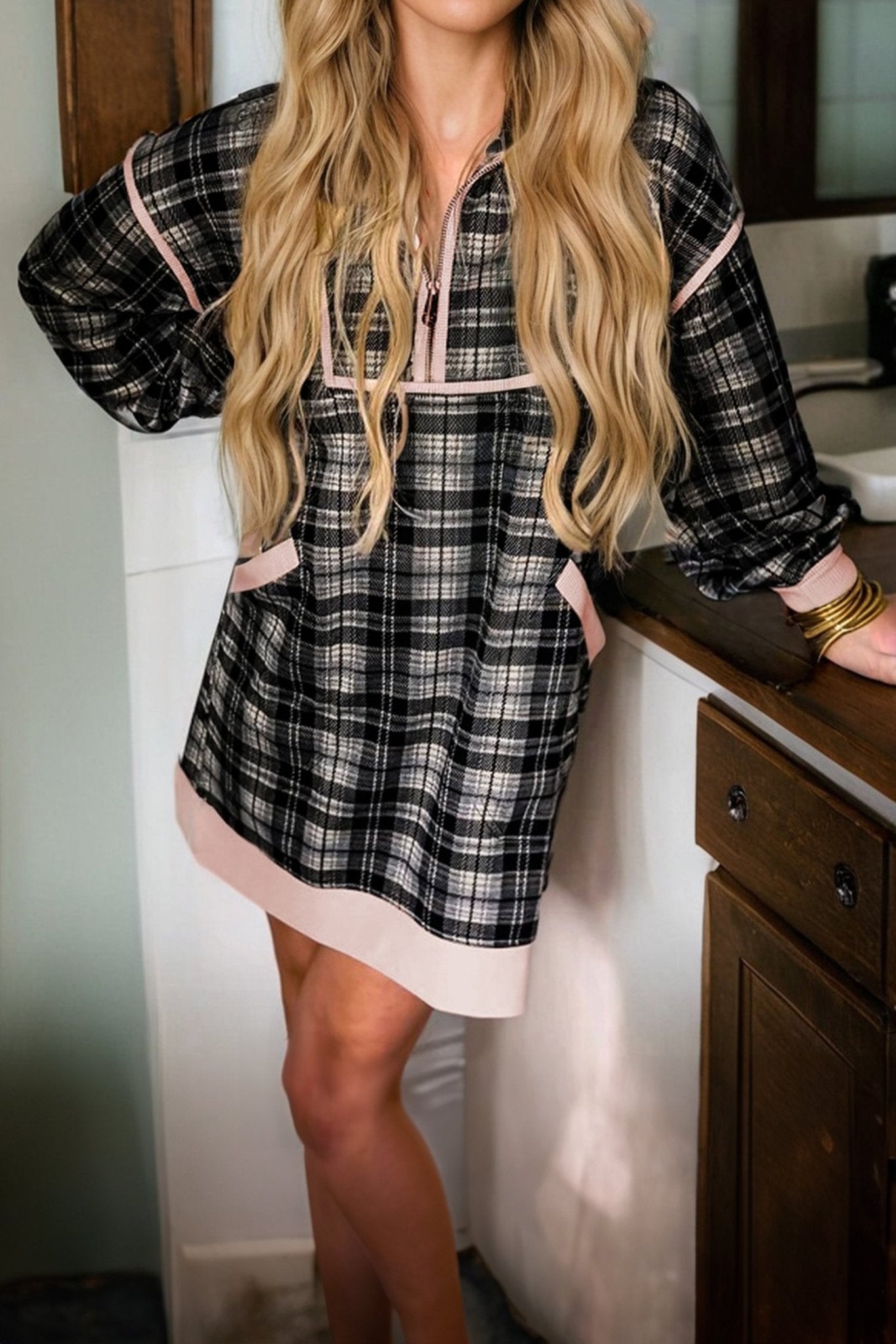 Plaid Collared Zip-Up Long Sleeve Mini Dress - Rooted & Reckless Co.