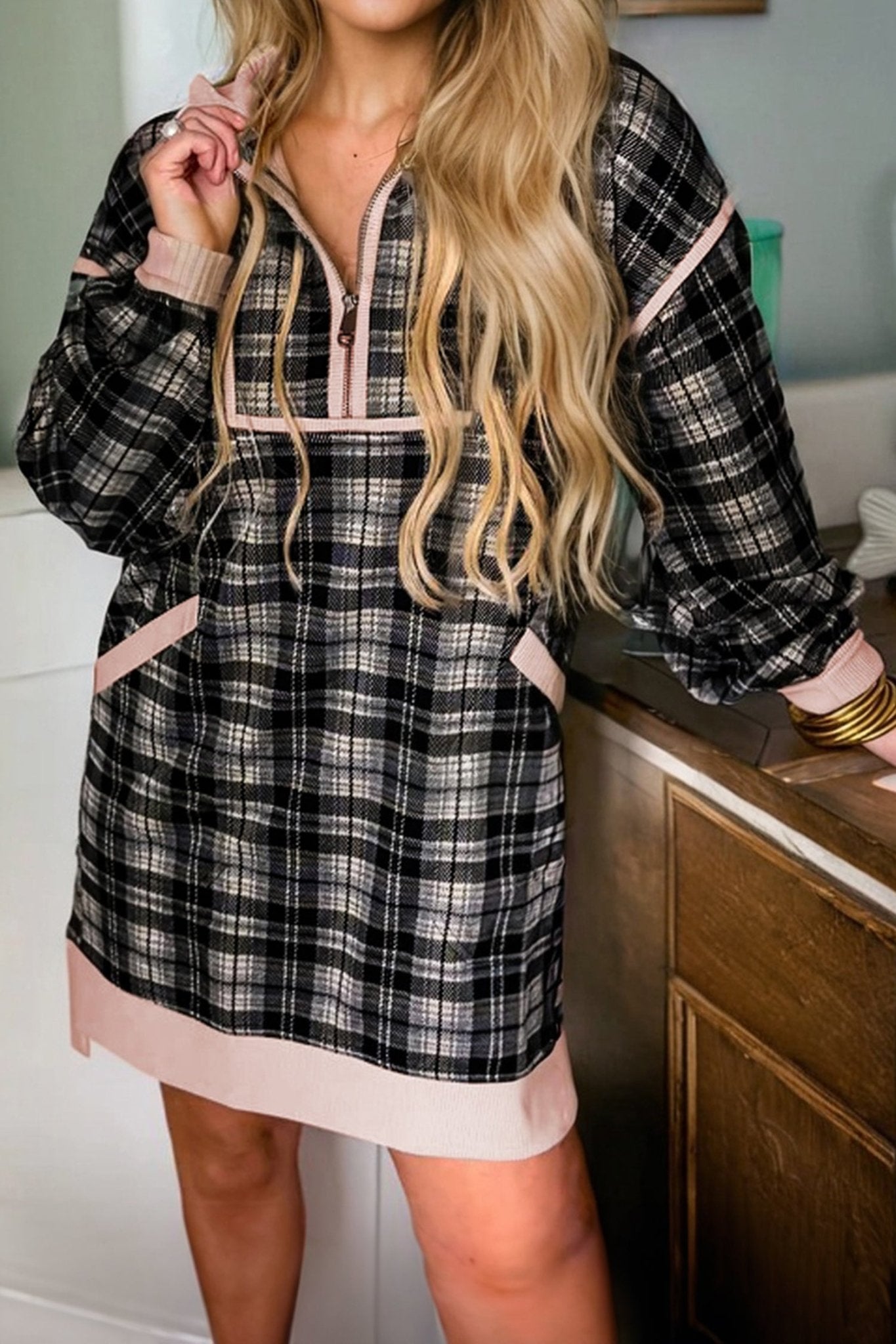 Plaid Collared Zip-Up Long Sleeve Mini Dress - Rooted & Reckless Co.