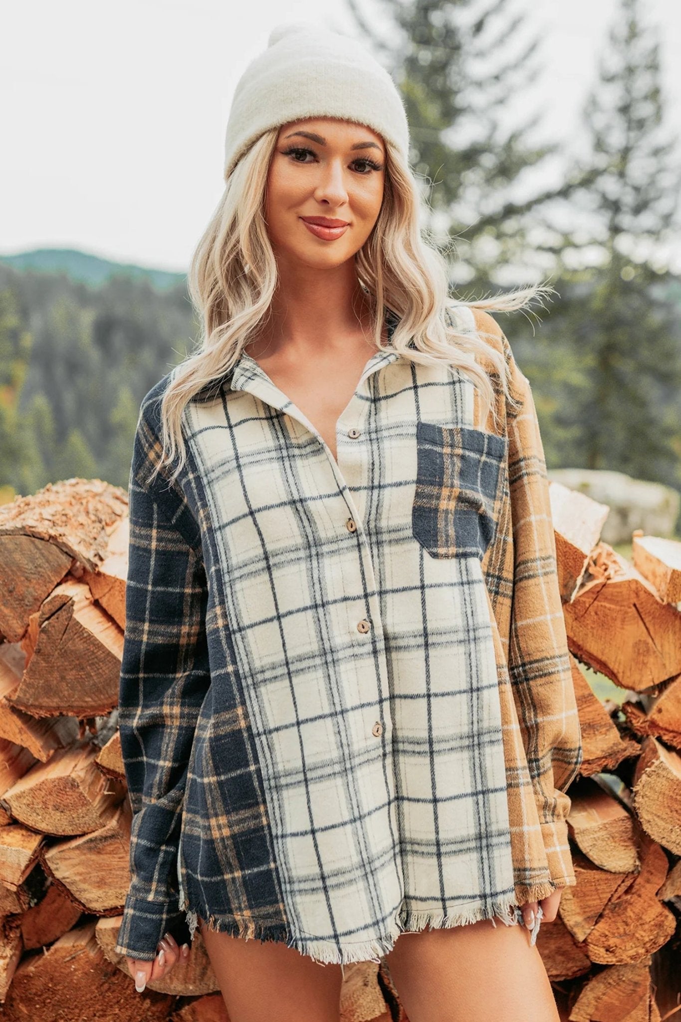 Plaid Colorblock Long Sleeve Buttoned Shacket - Rooted & Reckless Co.