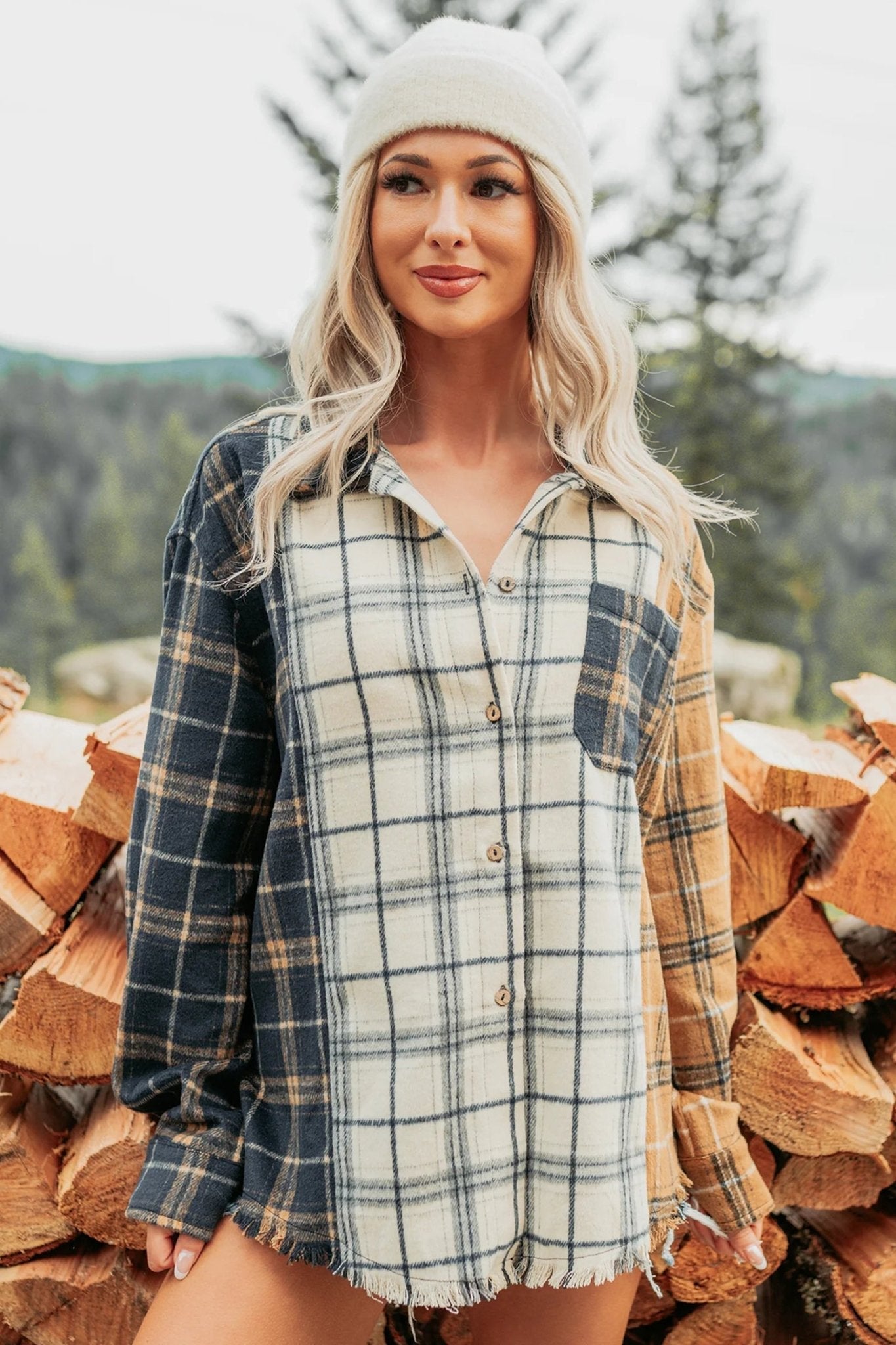 Plaid Colorblock Long Sleeve Buttoned Shacket - Rooted & Reckless Co.