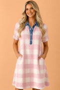 Plaid Contrast Denim Collared T-Shirt Mini Dress - Rooted & Reckless Co.