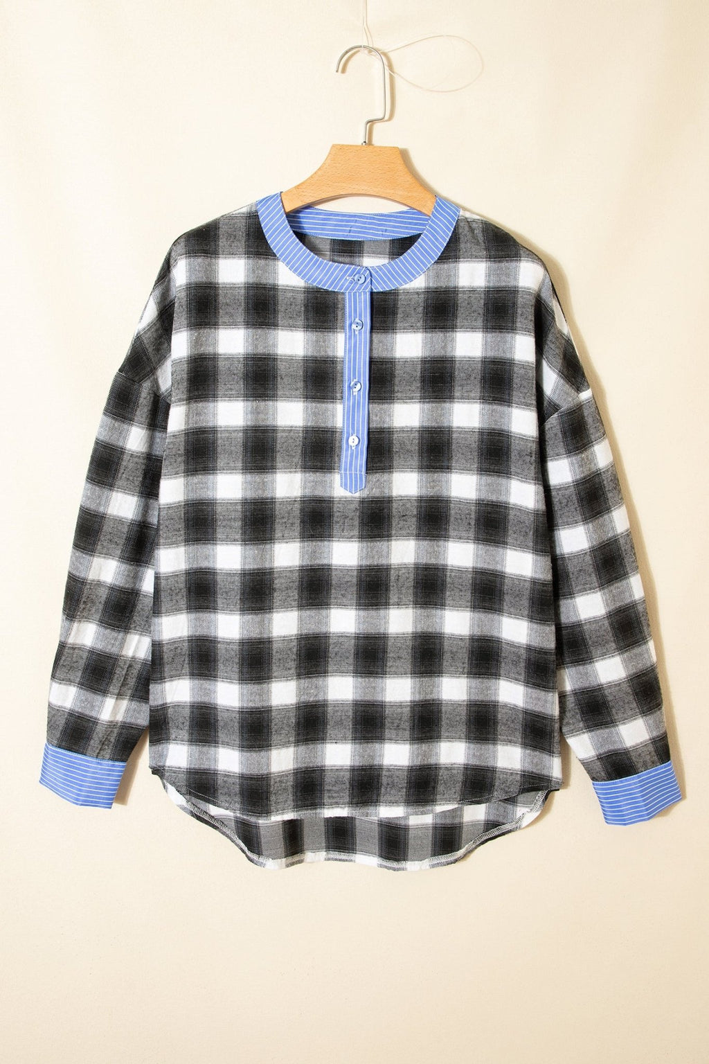 Plaid Contrast Stripe Edge Half-Placket Blouse - Rooted & Reckless Co.