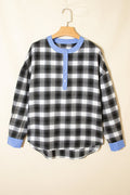 Plaid Contrast Stripe Edge Half-Placket Blouse - Rooted & Reckless Co.