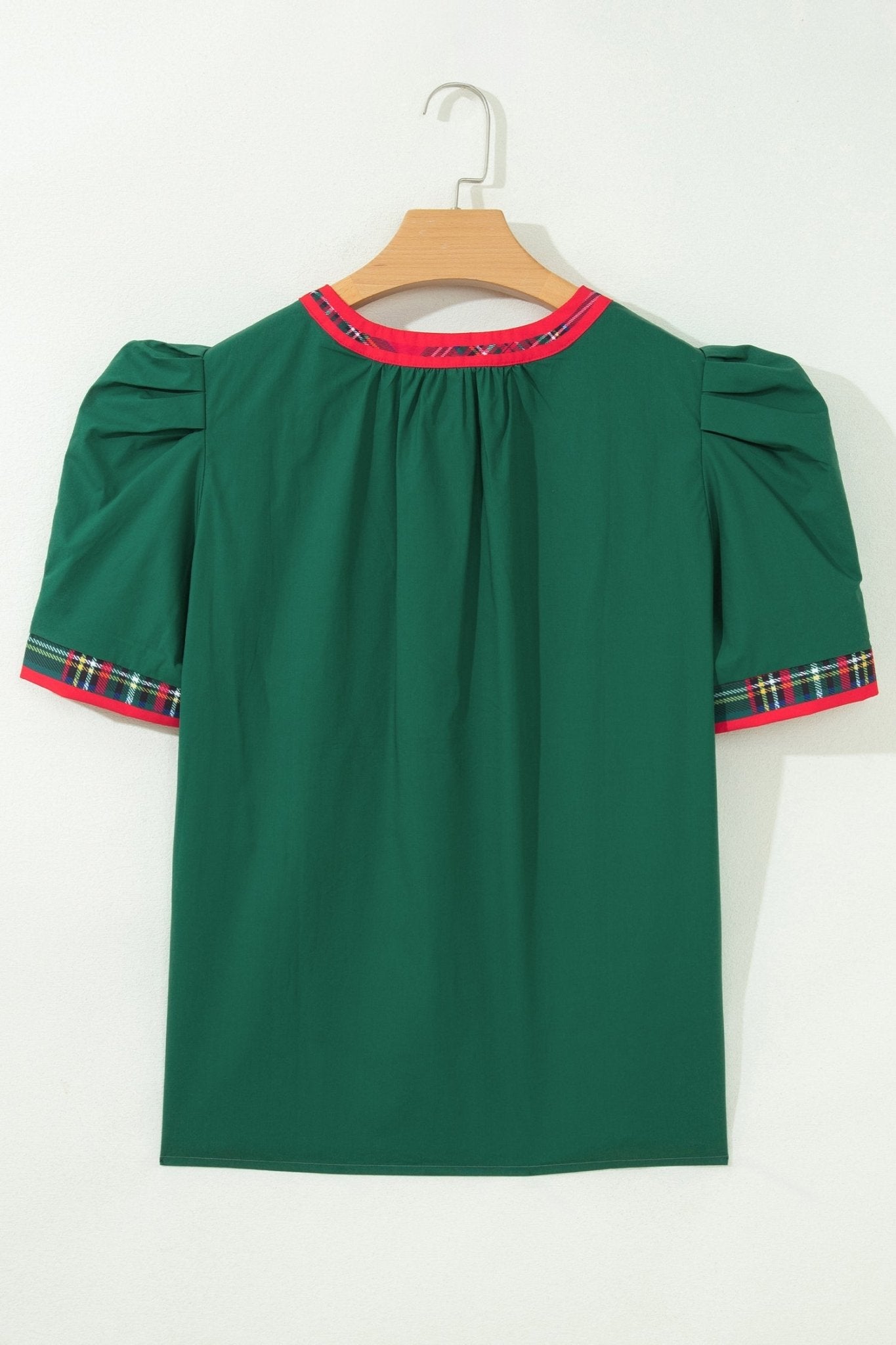 Plaid Contrast Trim V-Neck Short Sleeve Blouse - Rooted & Reckless Co.