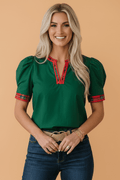 Plaid Contrast Trim V-Neck Short Sleeve Blouse - Rooted & Reckless Co.