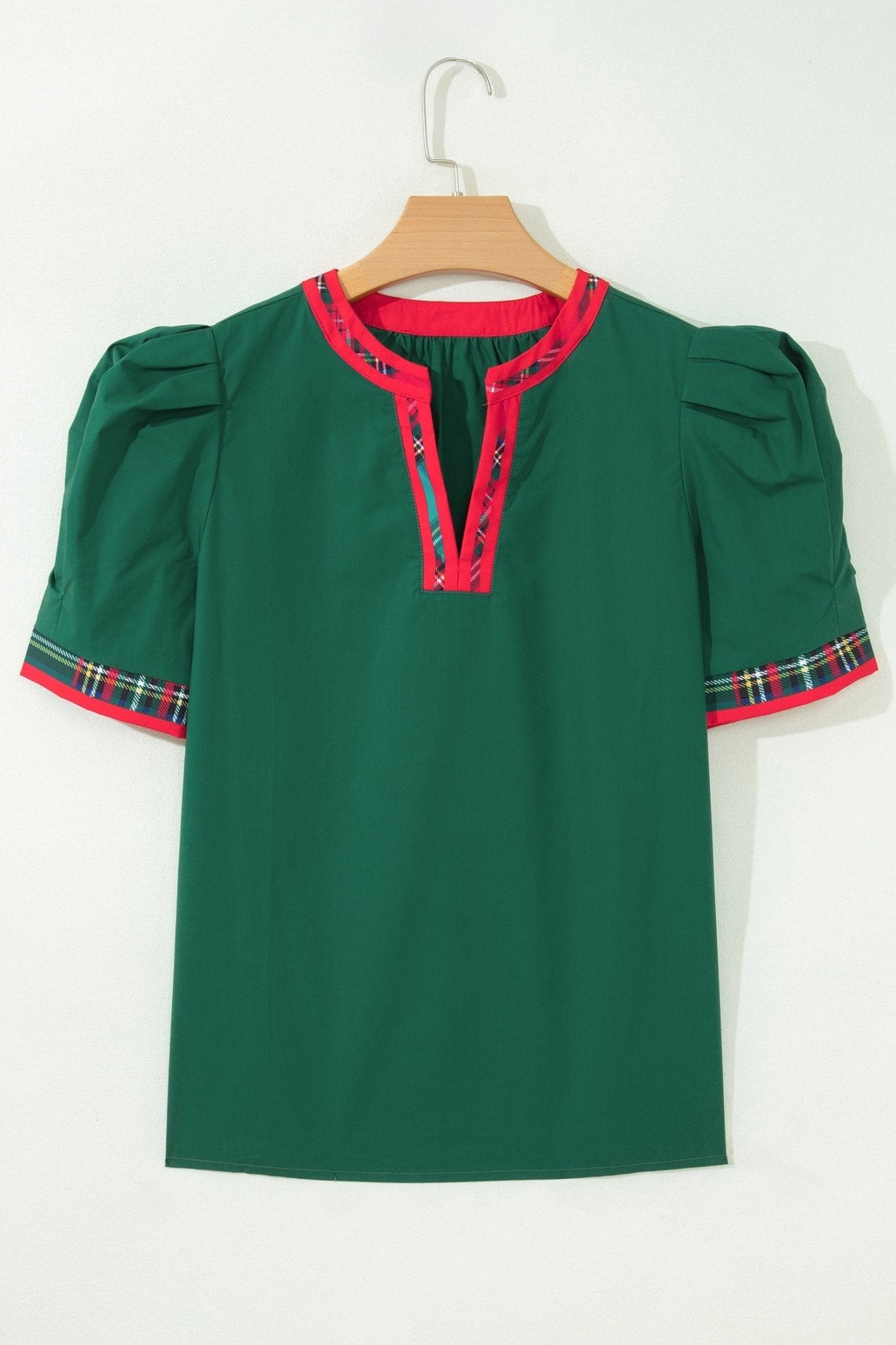 Plaid Contrast Trim V-Neck Short Sleeve Blouse - Rooted & Reckless Co.