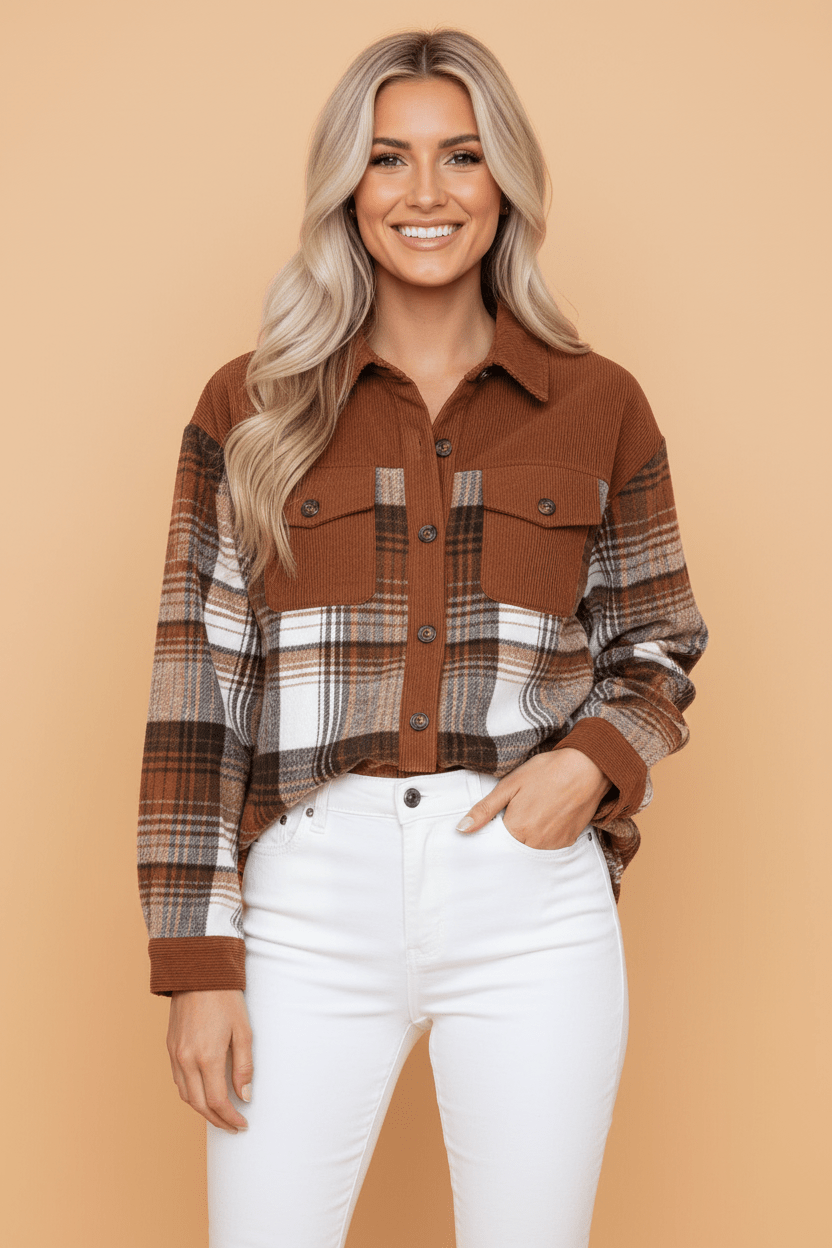 Plaid Corduroy Patchwork Chest Pocket Buttoned Shacket - Rooted & Reckless Co.