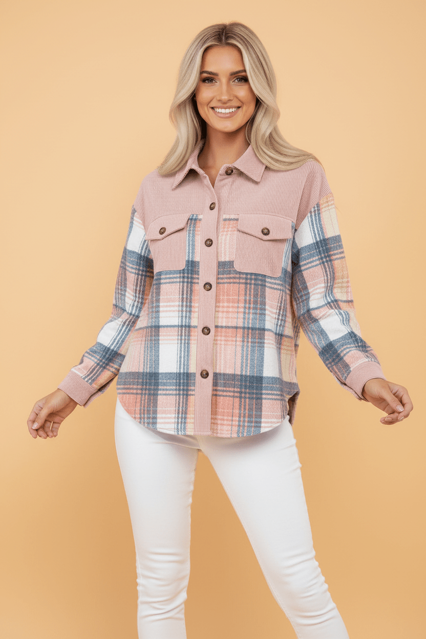 Plaid Corduroy Patchwork Chest Pocket Buttoned Shacket - Rooted & Reckless Co.