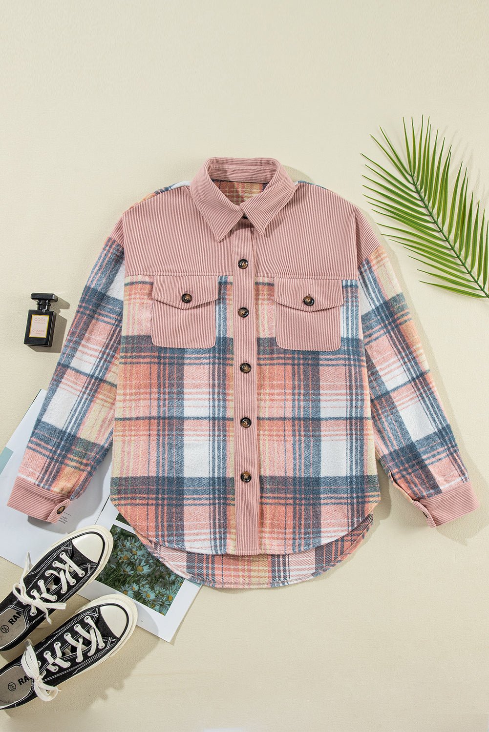 Plaid Corduroy Patchwork Chest Pocket Buttoned Shacket - Rooted & Reckless Co.