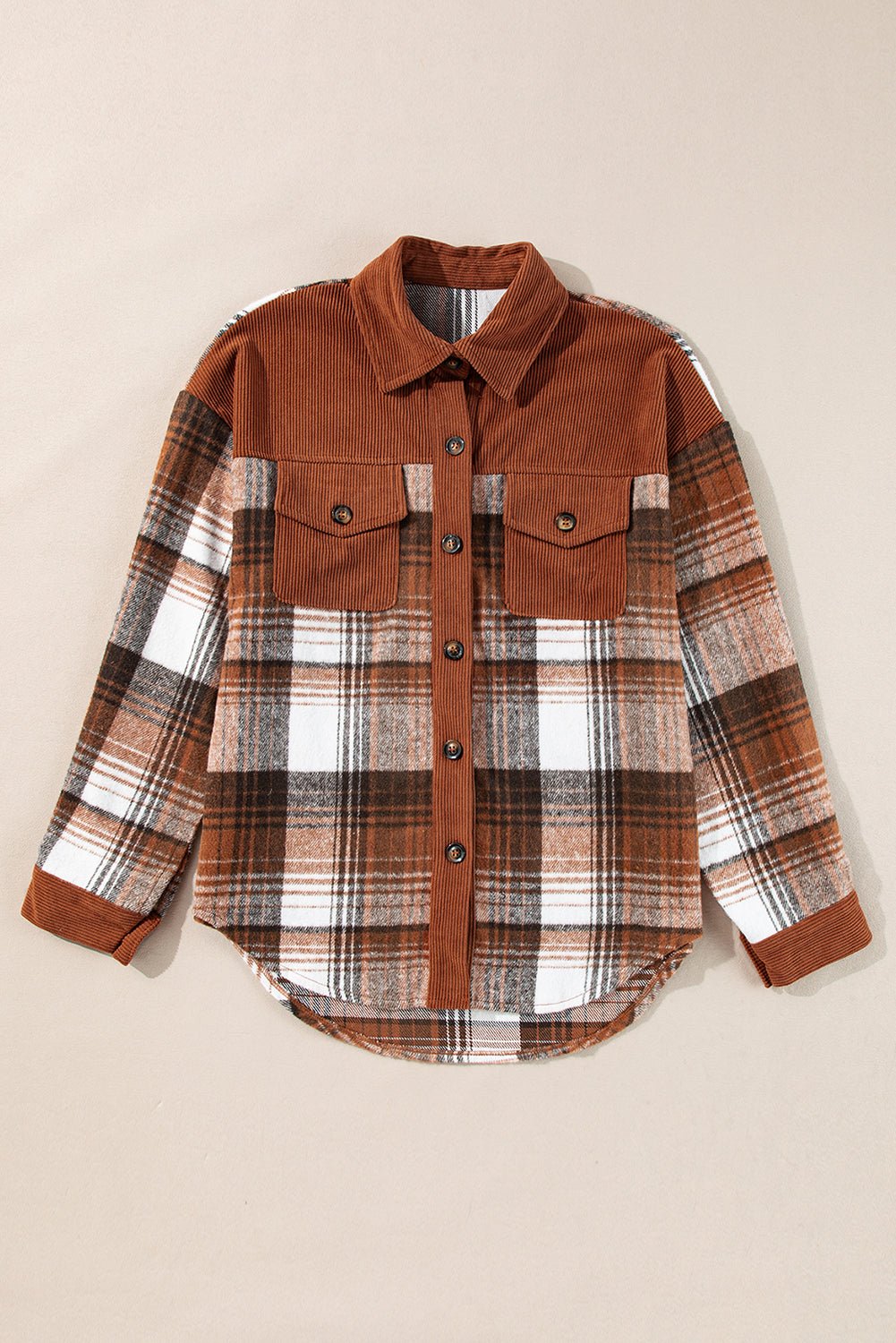 Plaid Corduroy Patchwork Chest Pocket Buttoned Shacket - Rooted & Reckless Co.